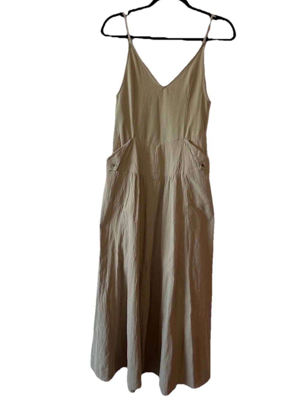 FREE PEOPLE Soledad Midi Dress Khaki Beige Boho Pockets Sz M - Picture 6 of 16